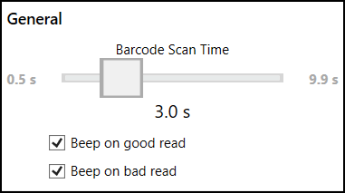 General options to adjust barcode scan time and beep options.