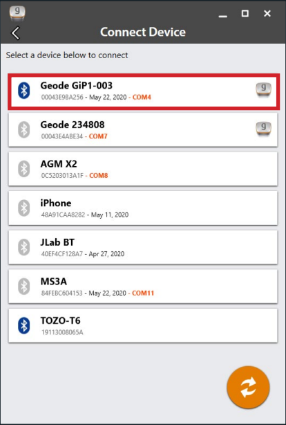 Geode Connect Connect Device list.